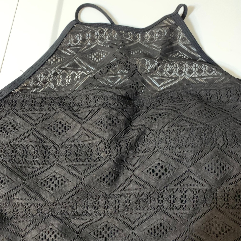 NWT Hula Honey One Piece Swimsuit XL Black Crochet Lace High Neck Cutout Witchy - Picture 7 of 8